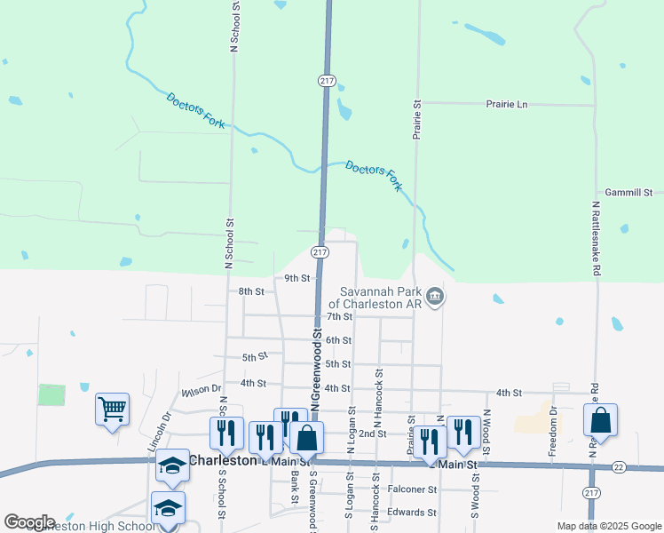 map of restaurants, bars, coffee shops, grocery stores, and more near 12822 Arkansas 217 in Charleston