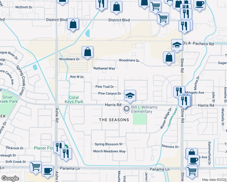 map of restaurants, bars, coffee shops, grocery stores, and more near 5802 Pine Canyon Drive in Bakersfield