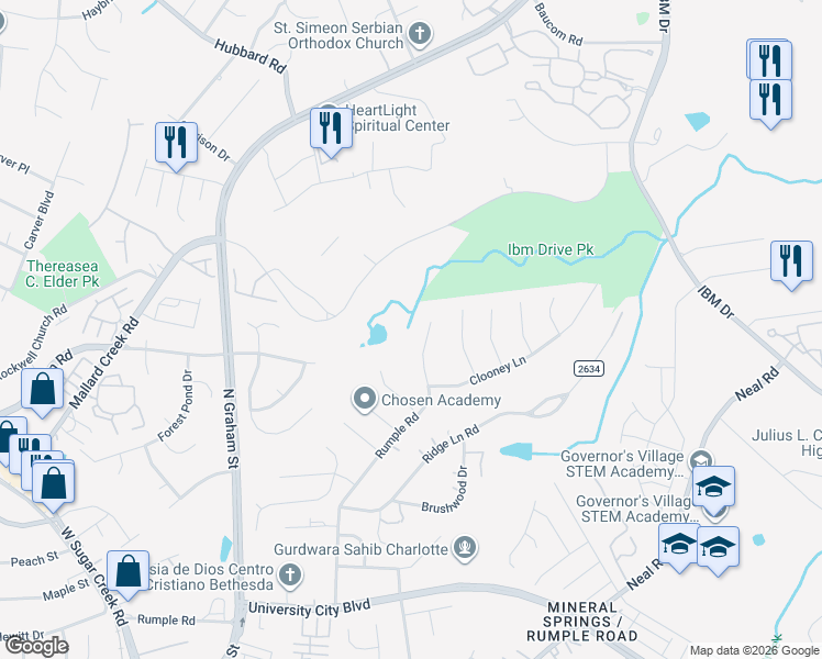 map of restaurants, bars, coffee shops, grocery stores, and more near 7123 Rumple Road in Charlotte
