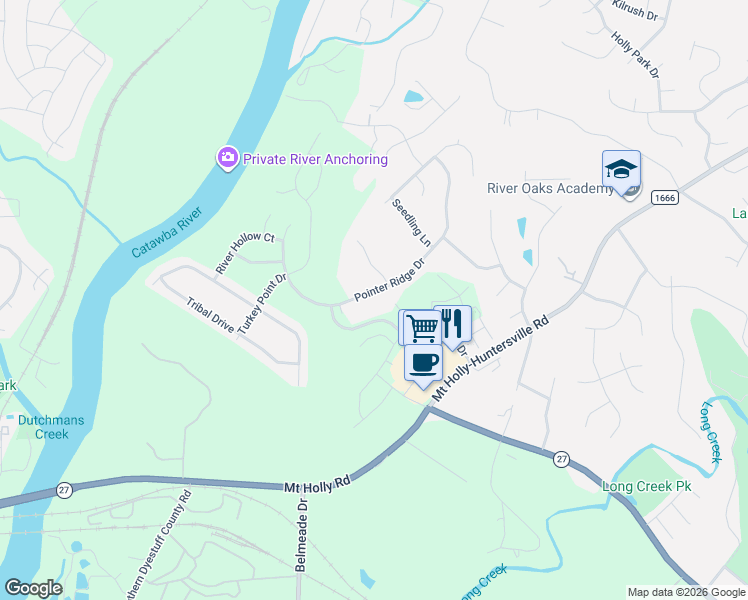 map of restaurants, bars, coffee shops, grocery stores, and more near 11011 Pointer Ridge Drive in Charlotte