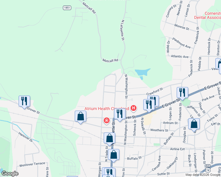 map of restaurants, bars, coffee shops, grocery stores, and more near 108 Felter Street in Shelby
