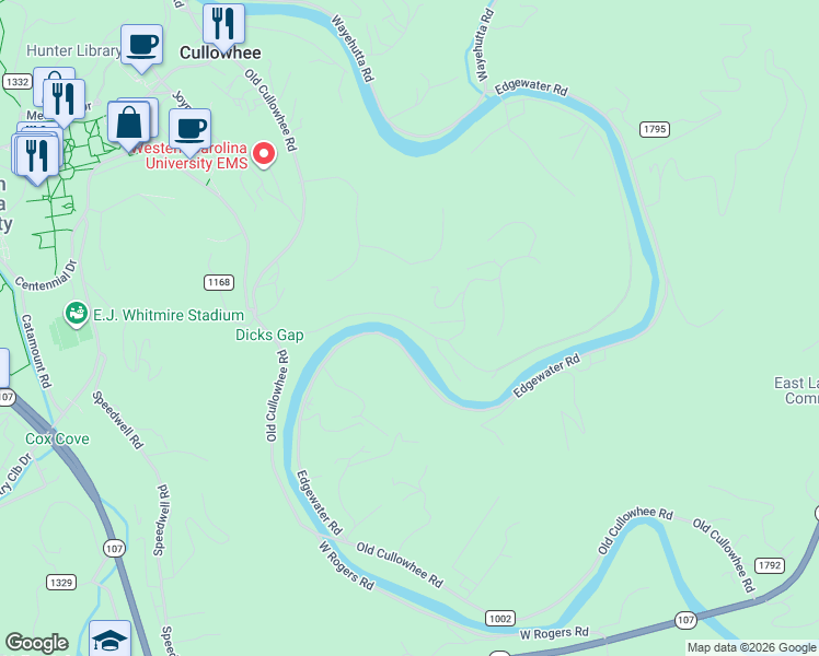 map of restaurants, bars, coffee shops, grocery stores, and more near 288 River Club Drive in Cullowhee