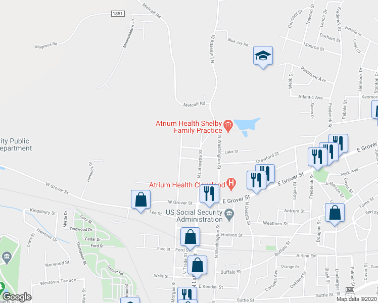 map of restaurants, bars, coffee shops, grocery stores, and more near 109 Felter Street in Shelby