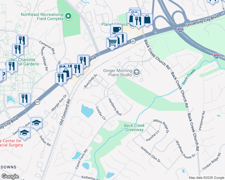 map of restaurants, bars, coffee shops, grocery stores, and more near 9862 Hanberry Boulevard in Charlotte