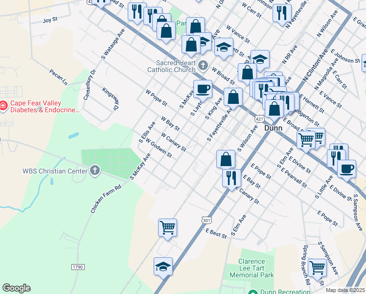 map of restaurants, bars, coffee shops, grocery stores, and more near 608 South King Avenue in Dunn