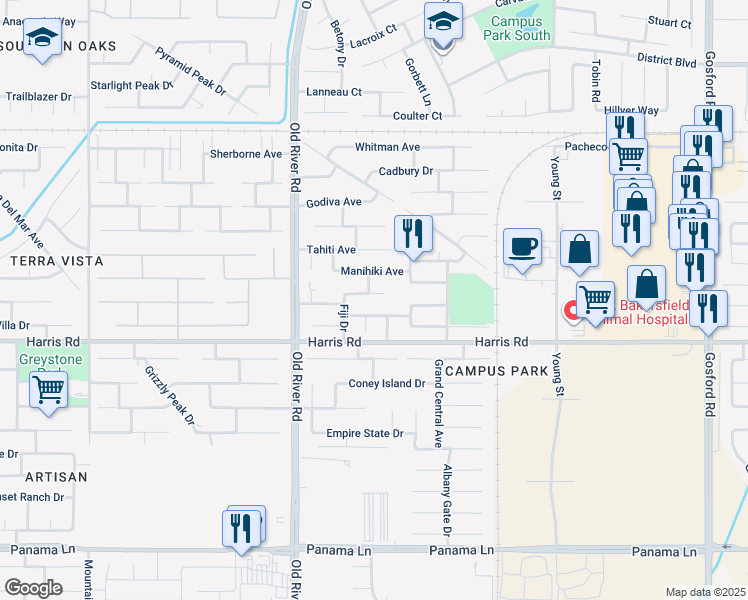 map of restaurants, bars, coffee shops, grocery stores, and more near 9304 Sumatra Avenue in Bakersfield