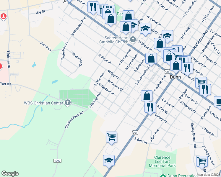map of restaurants, bars, coffee shops, grocery stores, and more near 708 South Layton Avenue in Dunn