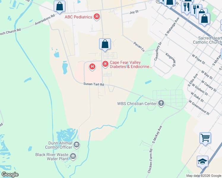 map of restaurants, bars, coffee shops, grocery stores, and more near 800 Susan Tart Road in Dunn