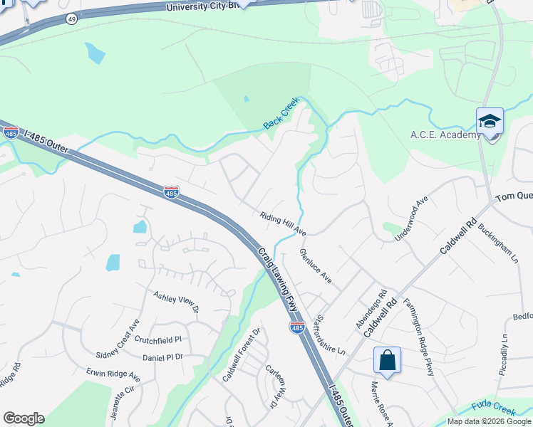 map of restaurants, bars, coffee shops, grocery stores, and more near 13640 Coram Place in Charlotte