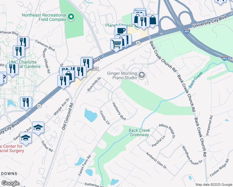 map of restaurants, bars, coffee shops, grocery stores, and more near 9862 Hanberry Boulevard in Charlotte