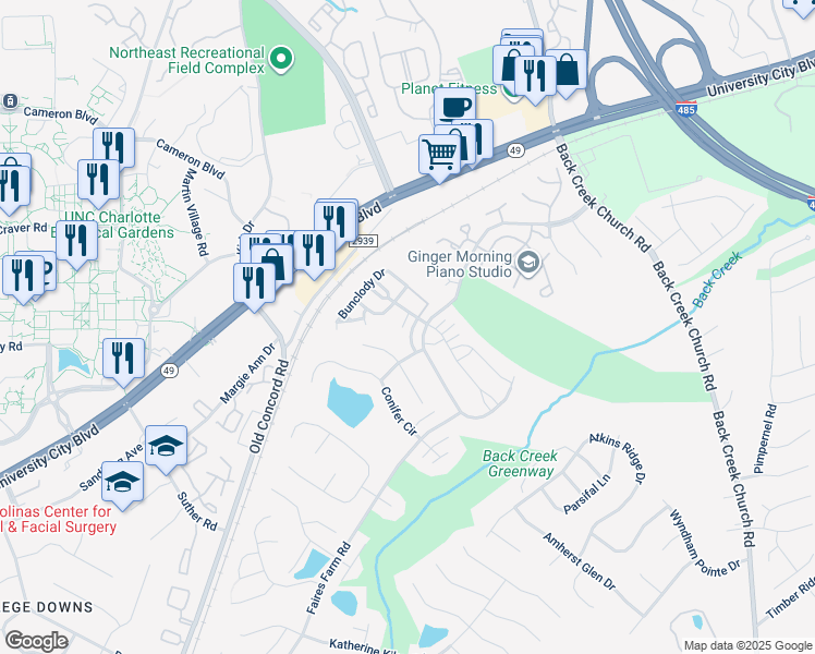 map of restaurants, bars, coffee shops, grocery stores, and more near 11030 Derryrush Drive in Charlotte