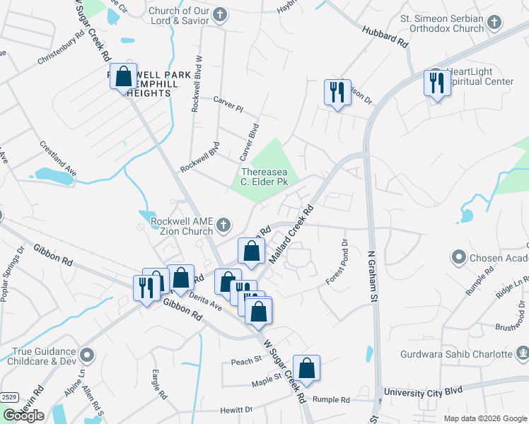 map of restaurants, bars, coffee shops, grocery stores, and more near 6317 Rockwell Church Road in Charlotte