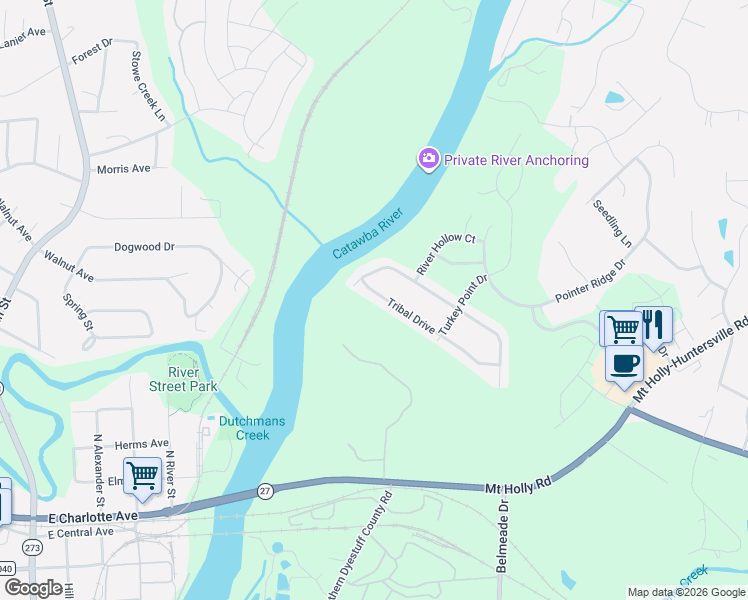 map of restaurants, bars, coffee shops, grocery stores, and more near 11739 Tribal Drive in Charlotte