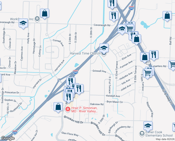 map of restaurants, bars, coffee shops, grocery stores, and more near 8500 South 28th Street in Fort Smith