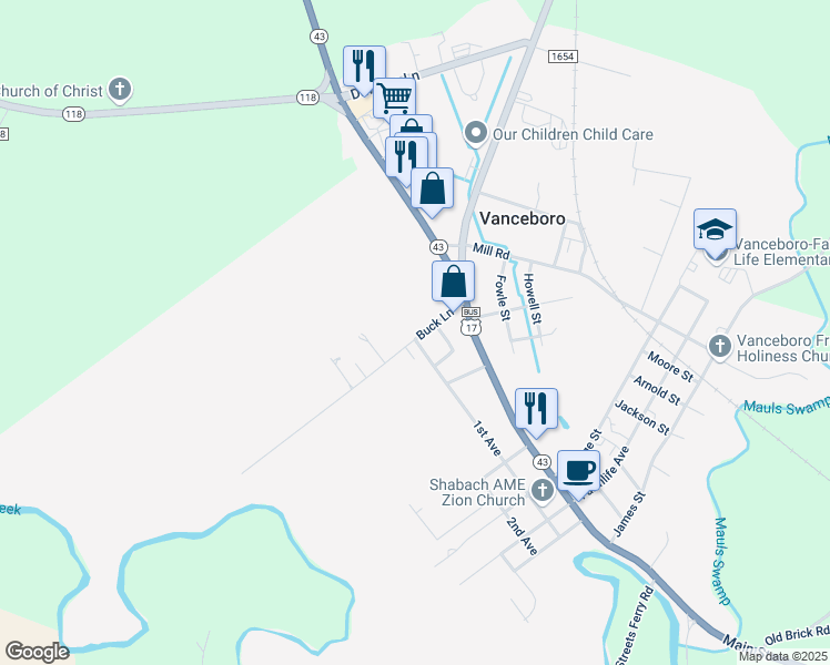 map of restaurants, bars, coffee shops, grocery stores, and more near 208 Buck Lane in Vanceboro