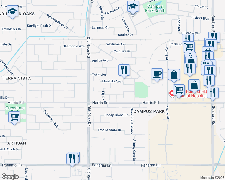 map of restaurants, bars, coffee shops, grocery stores, and more near 9304 Sumatra Avenue in Bakersfield