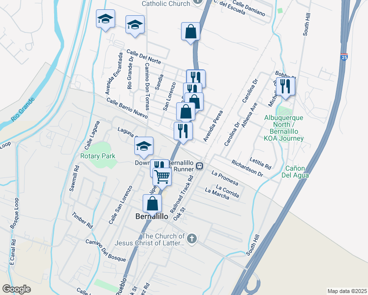 map of restaurants, bars, coffee shops, grocery stores, and more near 742 South Camino Del Pueblo in Bernalillo