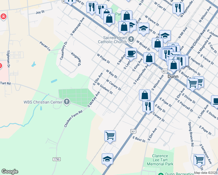 map of restaurants, bars, coffee shops, grocery stores, and more near 708 South Layton Avenue in Dunn