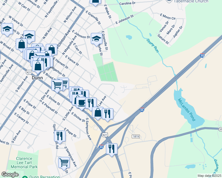 map of restaurants, bars, coffee shops, grocery stores, and more near 312 McNeil Circle in Dunn