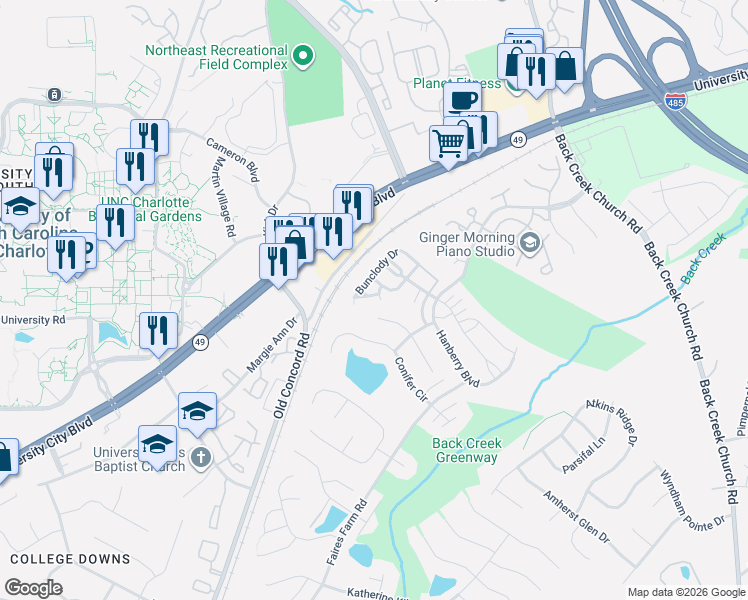 map of restaurants, bars, coffee shops, grocery stores, and more near 1337 Killashee Court in Charlotte