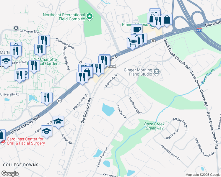 map of restaurants, bars, coffee shops, grocery stores, and more near 1337 Killashee Court in Charlotte
