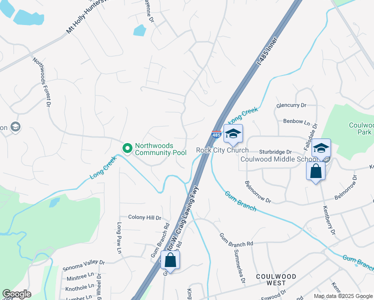 map of restaurants, bars, coffee shops, grocery stores, and more near 9817 Northwoods Forest Drive in Charlotte