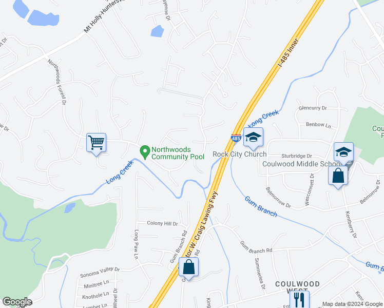 map of restaurants, bars, coffee shops, grocery stores, and more near 9902 Northwoods Forest Drive in Charlotte
