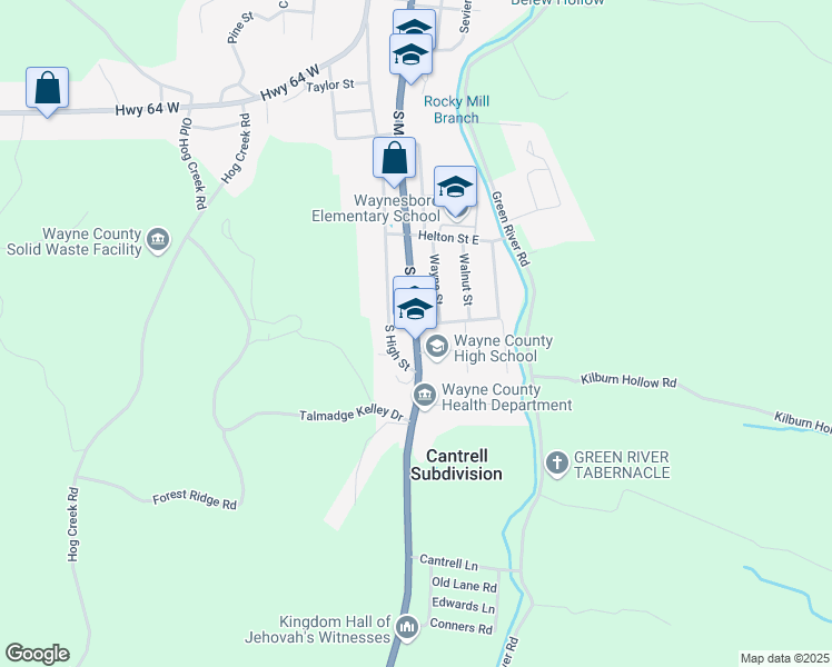 map of restaurants, bars, coffee shops, grocery stores, and more near 703 South Main Street in Waynesboro