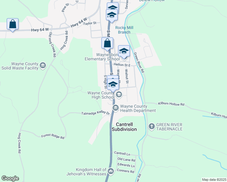 map of restaurants, bars, coffee shops, grocery stores, and more near 703 South Main Street in Waynesboro