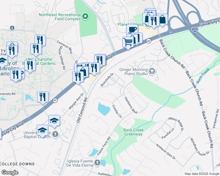 map of restaurants, bars, coffee shops, grocery stores, and more near 1337 Killashee Court in Charlotte