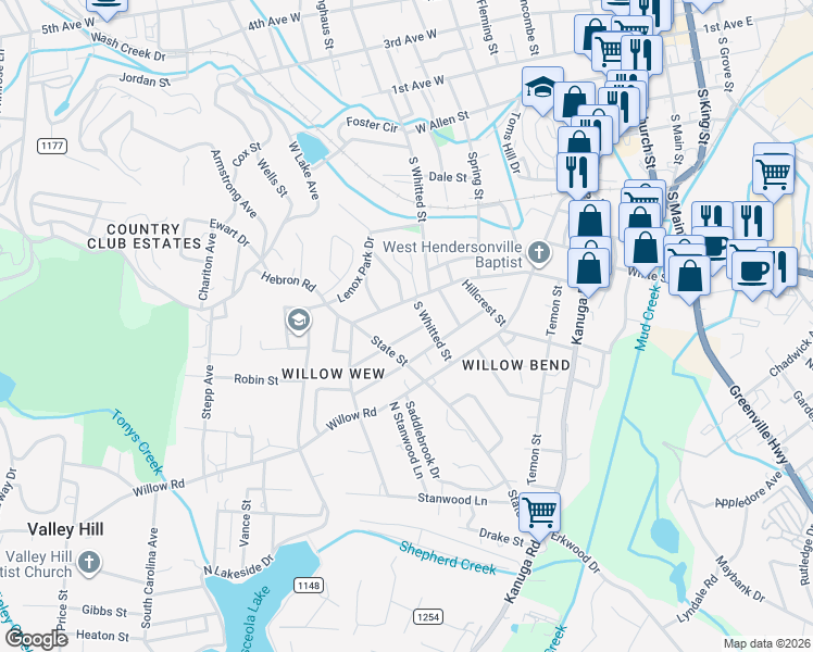 map of restaurants, bars, coffee shops, grocery stores, and more near 1119 Park Street in Hendersonville