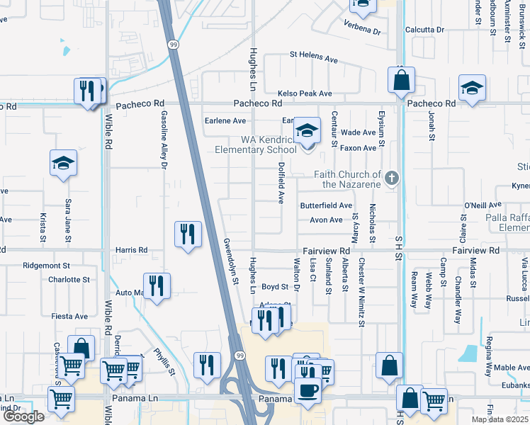 map of restaurants, bars, coffee shops, grocery stores, and more near 2405 Clara Road in Bakersfield