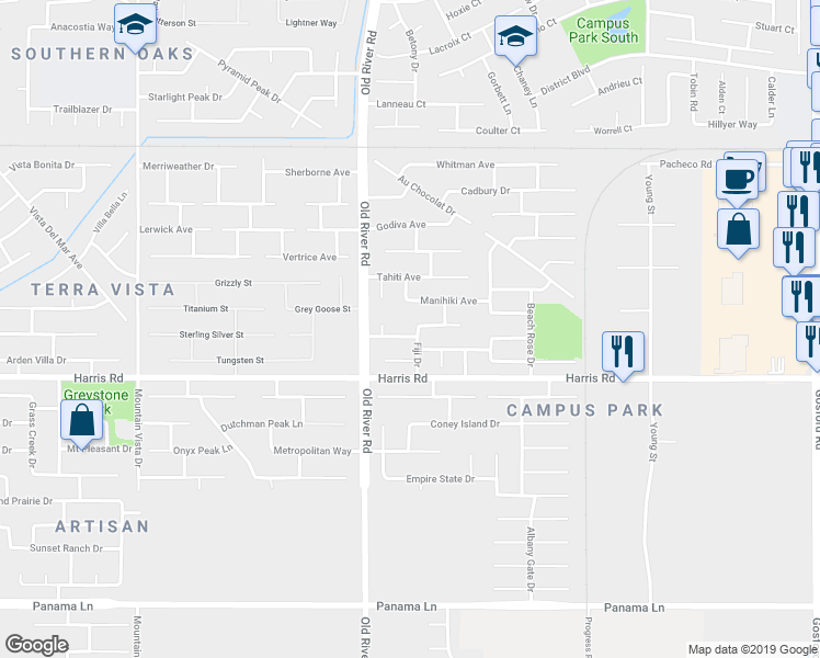 map of restaurants, bars, coffee shops, grocery stores, and more near 9502 Battaglia Drive in Bakersfield