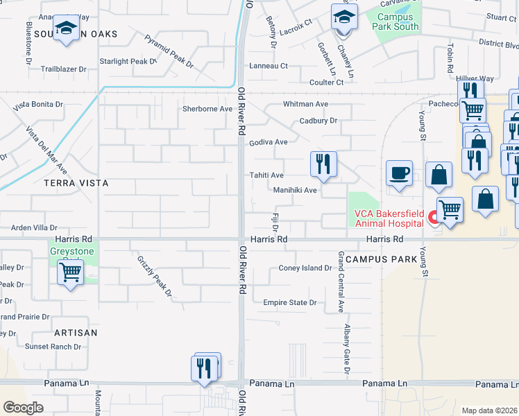 map of restaurants, bars, coffee shops, grocery stores, and more near 5414 Etchecopar Road in Bakersfield