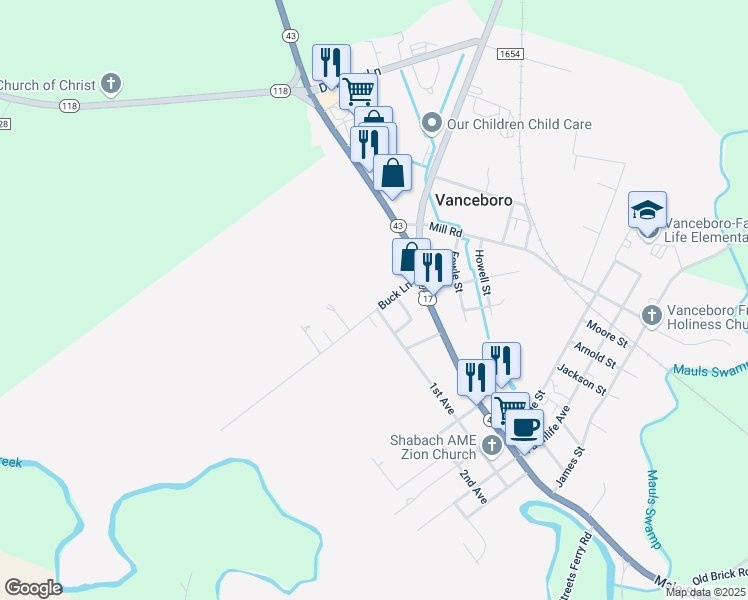 map of restaurants, bars, coffee shops, grocery stores, and more near 208 Buck Lane in Vanceboro