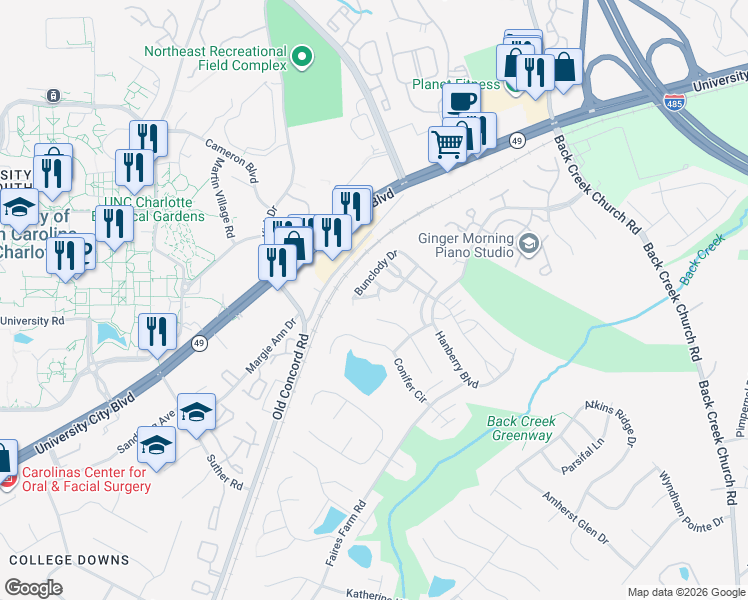 map of restaurants, bars, coffee shops, grocery stores, and more near 1337 Killashee Court in Charlotte