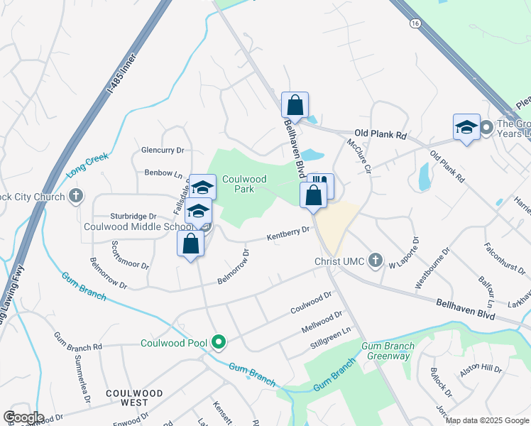 map of restaurants, bars, coffee shops, grocery stores, and more near 8456 Coulwood Oak Lane in Charlotte