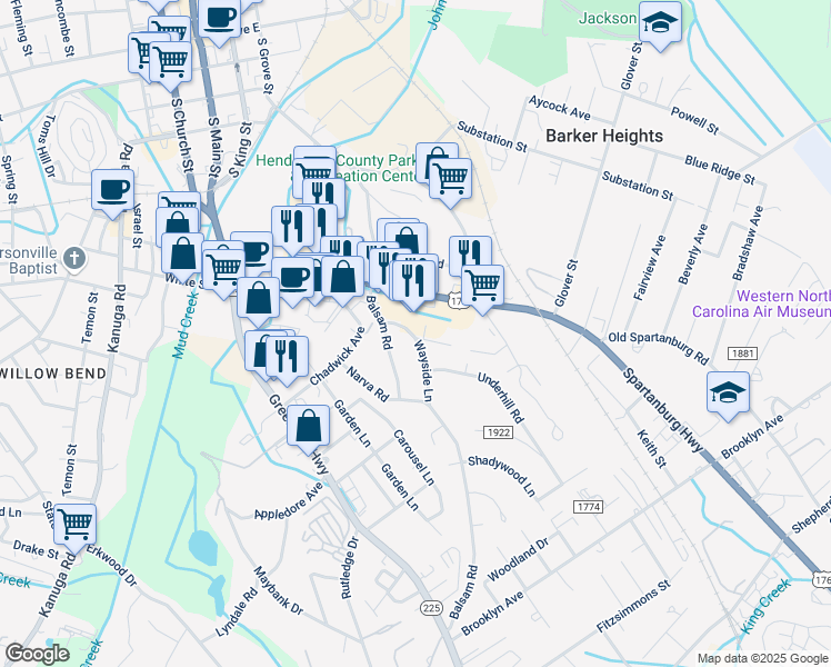 map of restaurants, bars, coffee shops, grocery stores, and more near 807 Spartanburg Highway in Hendersonville