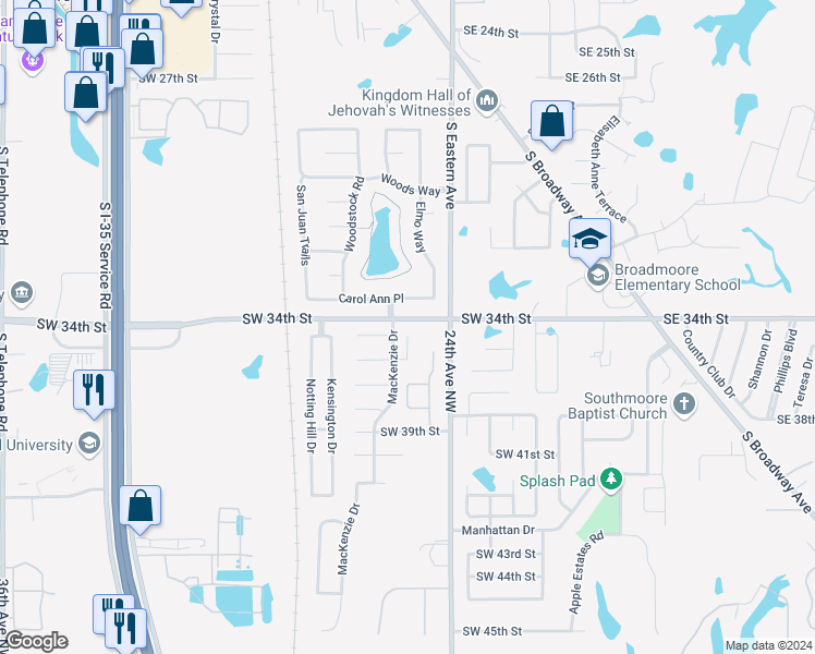 map of restaurants, bars, coffee shops, grocery stores, and more near 724 Carol Ann Place in Moore