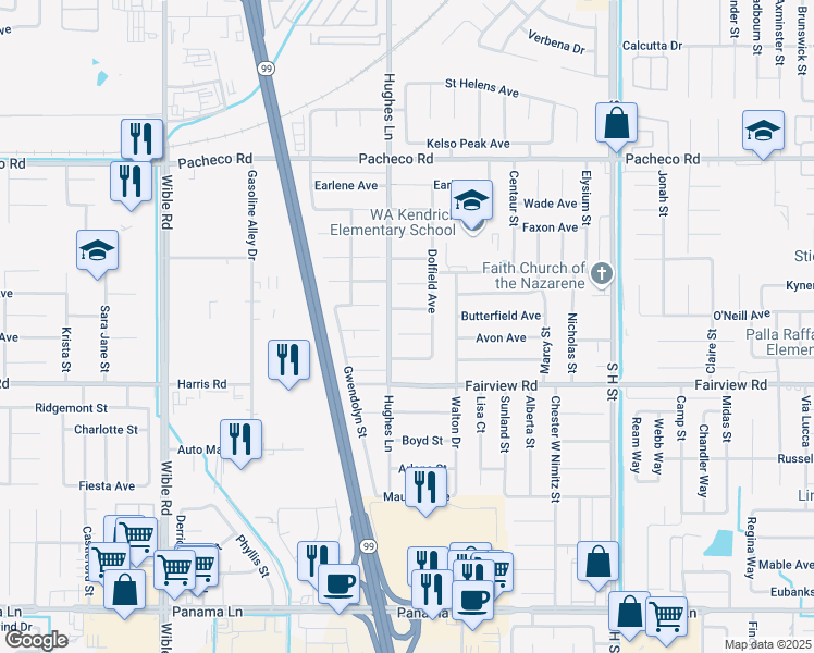 map of restaurants, bars, coffee shops, grocery stores, and more near 2405 Clara Road in Bakersfield