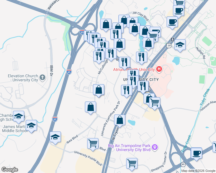 map of restaurants, bars, coffee shops, grocery stores, and more near in Charlotte