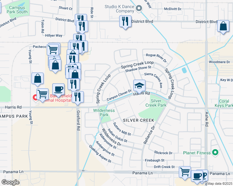 map of restaurants, bars, coffee shops, grocery stores, and more near 5517 Trails Way in Bakersfield