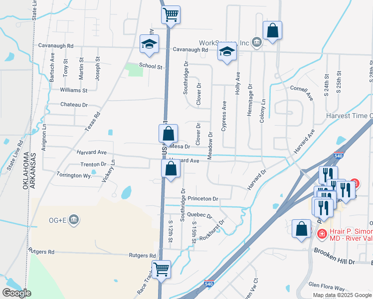 map of restaurants, bars, coffee shops, grocery stores, and more near 1206 Mesa Drive in Fort Smith