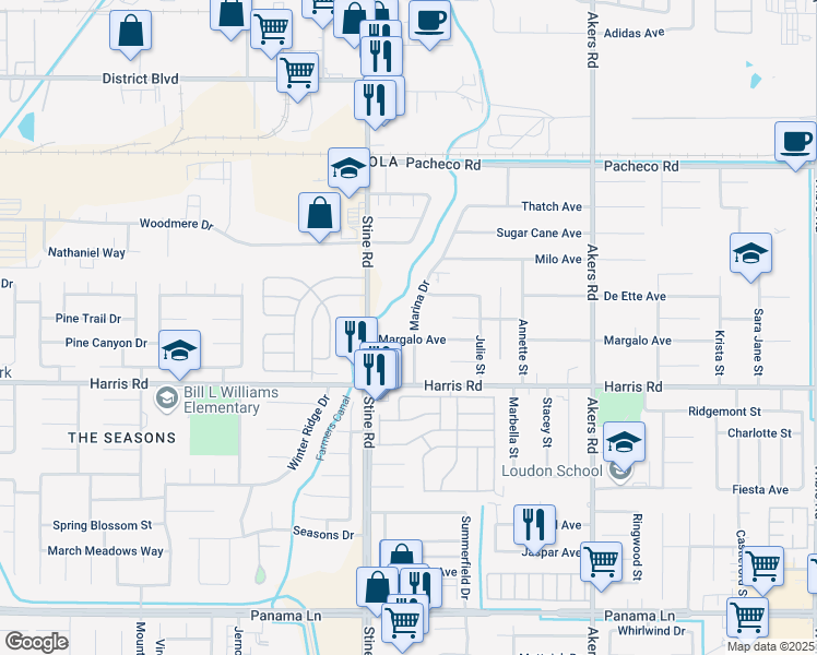 map of restaurants, bars, coffee shops, grocery stores, and more near 5417 Marina Drive in Bakersfield