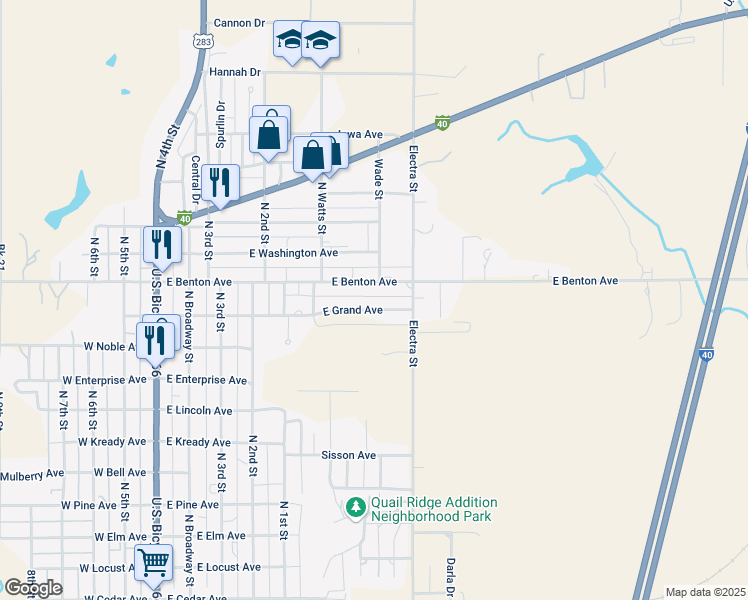 map of restaurants, bars, coffee shops, grocery stores, and more near 626 East Benton Avenue in Sayre