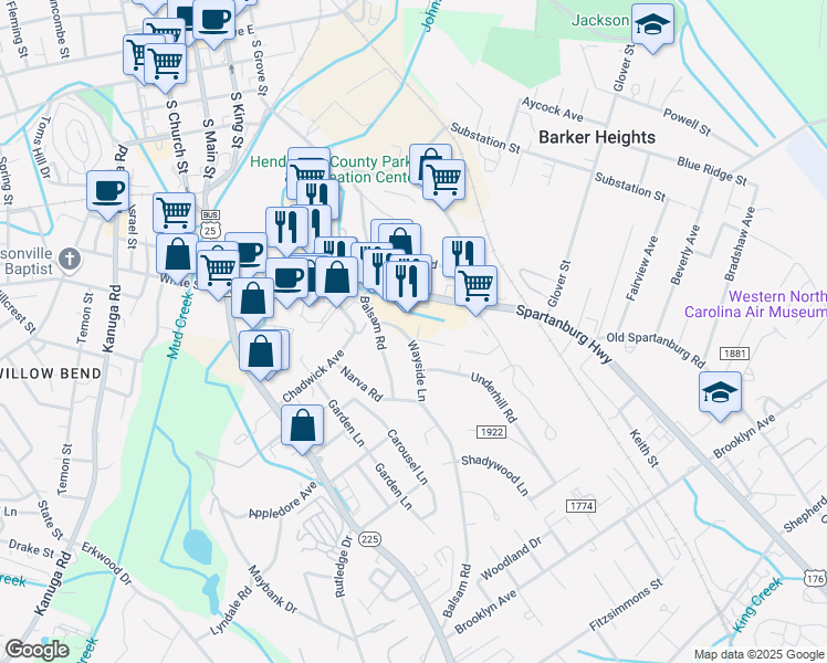 map of restaurants, bars, coffee shops, grocery stores, and more near 102 Meadow Park Lane in Hendersonville