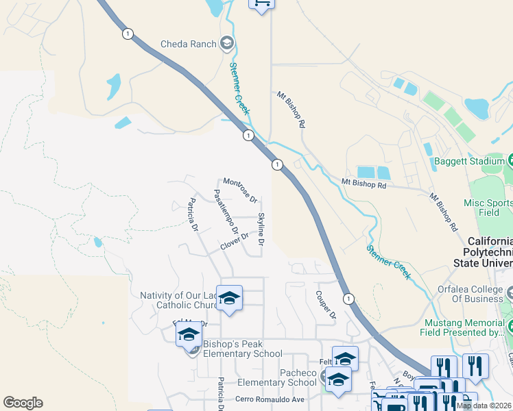map of restaurants, bars, coffee shops, grocery stores, and more near 860 Skyline Drive in San Luis Obispo