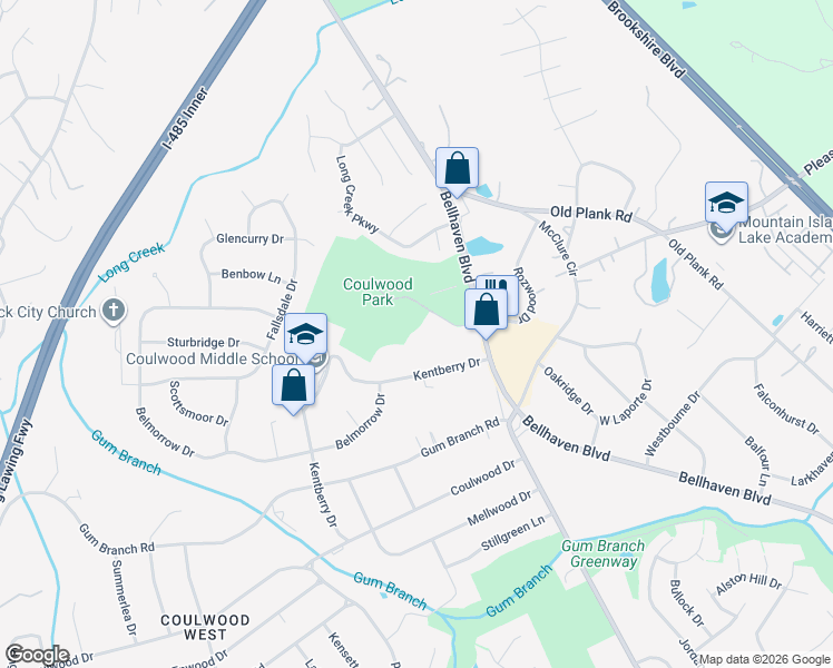map of restaurants, bars, coffee shops, grocery stores, and more near 8445 Coulwood Oak Lane in Charlotte
