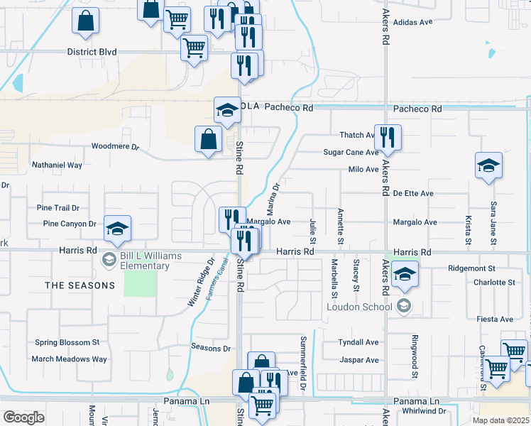 map of restaurants, bars, coffee shops, grocery stores, and more near 5417 Marina Drive in Bakersfield
