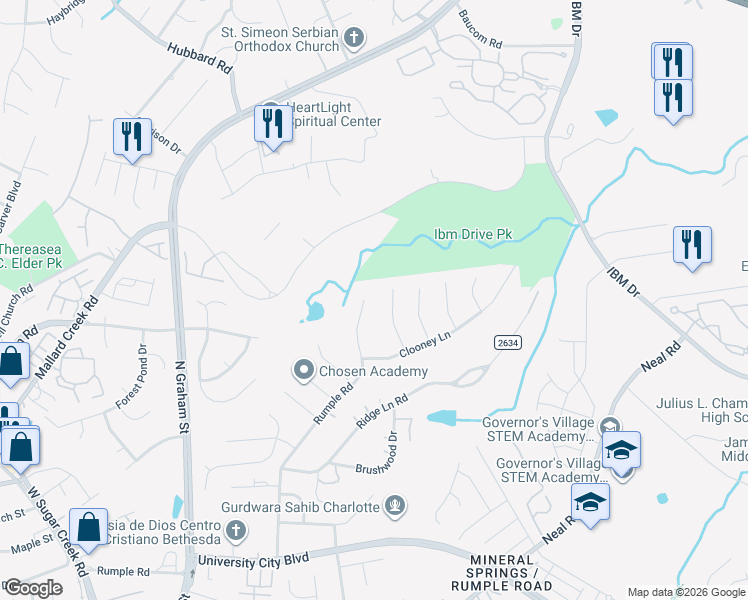 map of restaurants, bars, coffee shops, grocery stores, and more near 7130 Rumple Road in Charlotte